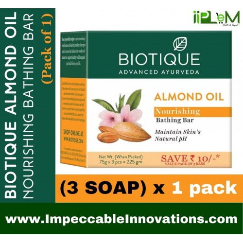 Biotique Almond Oil Nourishing Bathing Bar| Ayurvedic and Organically Pure| Maintains Skin’s Natural pH |100% Botanical Extracts| Suitable for All Skin Types | Pack of 3, 225 g (3 x 75 g)